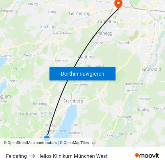 Feldafing to Helios Klinikum München West map