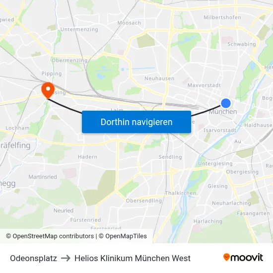 Odeonsplatz to Helios Klinikum München West map