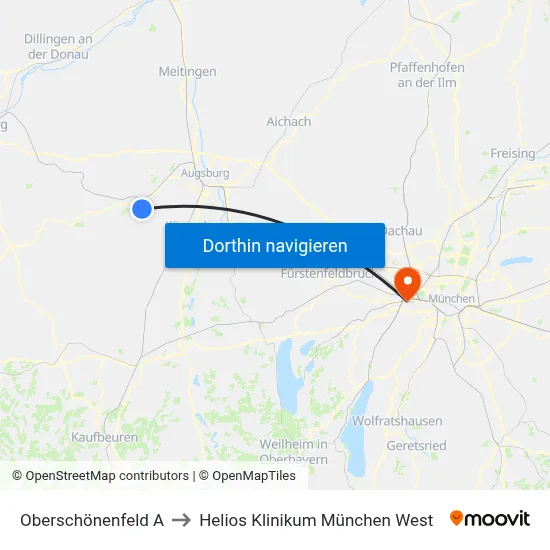 Oberschönenfeld A to Helios Klinikum München West map