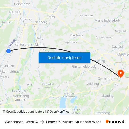 Wehringen, West A to Helios Klinikum München West map