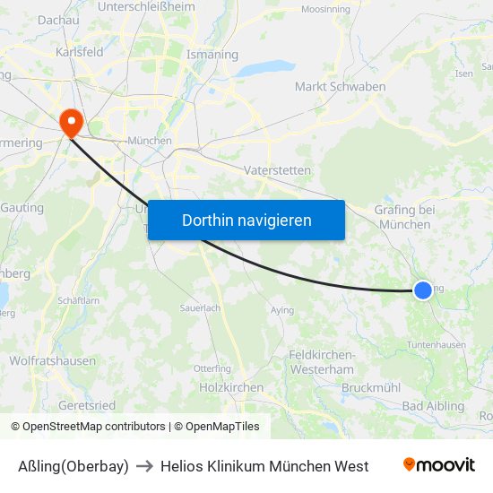 Aßling(Oberbay) to Helios Klinikum München West map