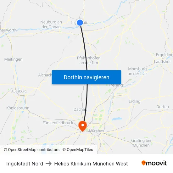Ingolstadt Nord to Helios Klinikum München West map