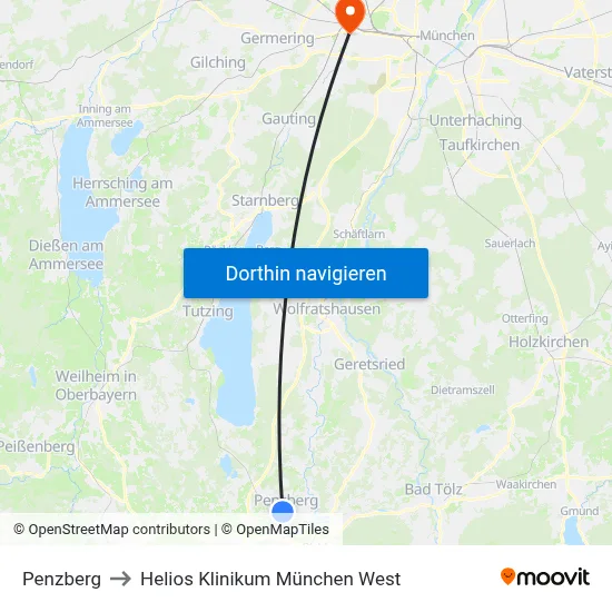 Penzberg to Helios Klinikum München West map