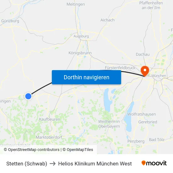 Stetten (Schwab) to Helios Klinikum München West map