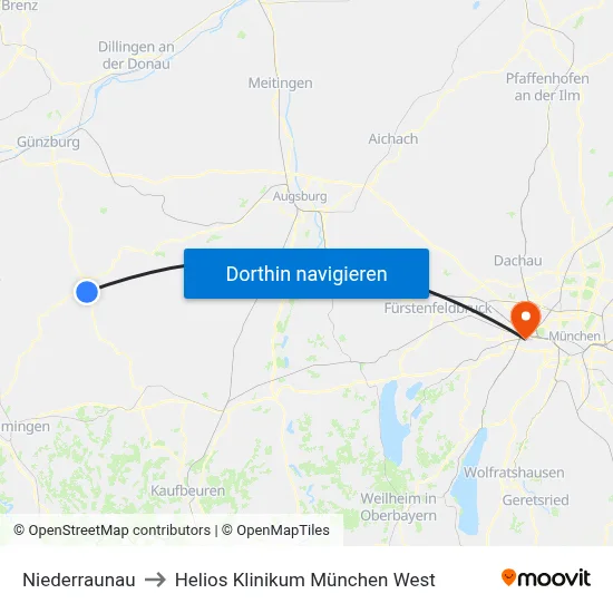Niederraunau to Helios Klinikum München West map