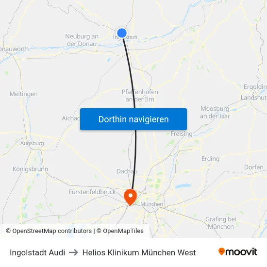 Ingolstadt Audi to Helios Klinikum München West map
