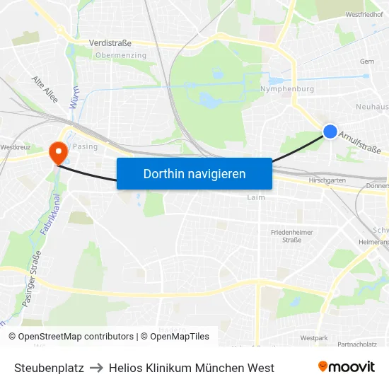 Steubenplatz to Helios Klinikum München West map