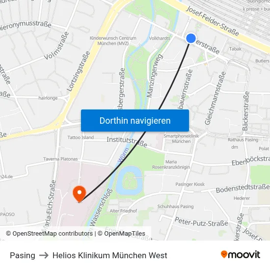 Pasing to Helios Klinikum München West map