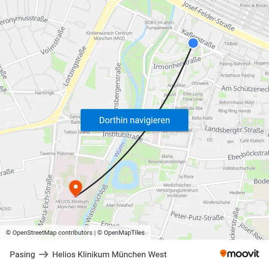 Pasing to Helios Klinikum München West map