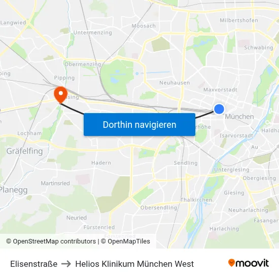 Elisenstraße to Helios Klinikum München West map