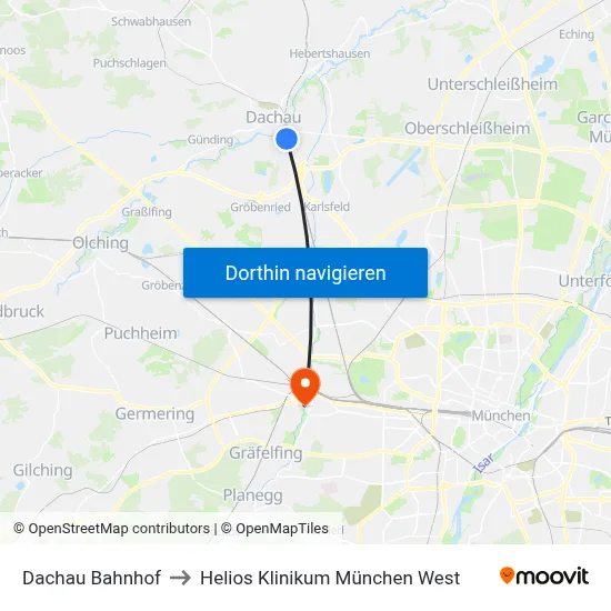Dachau Bahnhof to Helios Klinikum München West map
