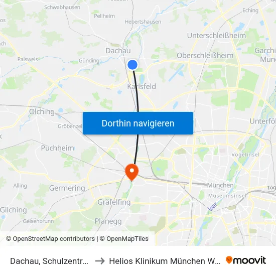 Dachau, Schulzentrum to Helios Klinikum München West map