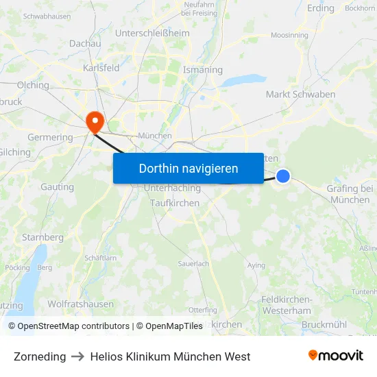 Zorneding to Helios Klinikum München West map
