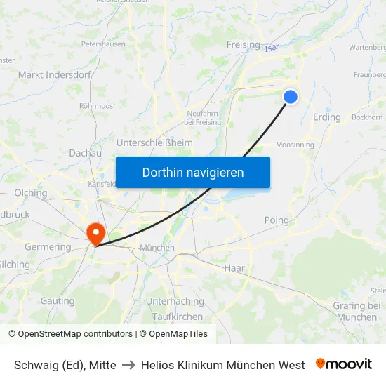 Schwaig (Ed), Mitte to Helios Klinikum München West map
