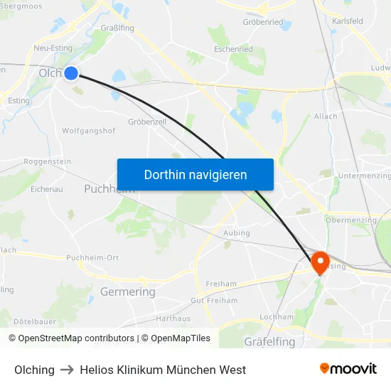 Olching to Helios Klinikum München West map