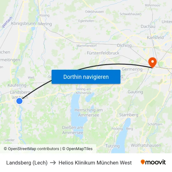Landsberg (Lech) to Helios Klinikum München West map