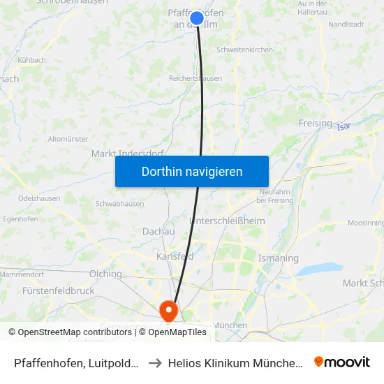 Pfaffenhofen, Luitpoldstraße to Helios Klinikum München West map