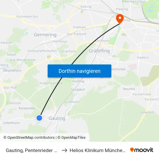 Gauting, Pentenrieder Straße to Helios Klinikum München West map
