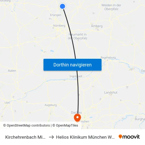 Kirchehrenbach Mitte to Helios Klinikum München West map