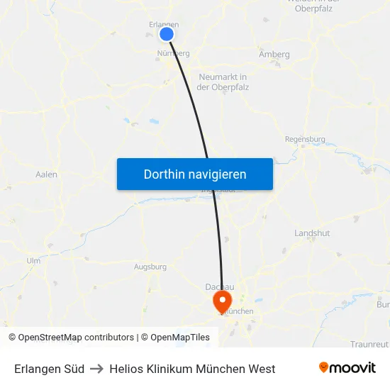 Erlangen Süd to Helios Klinikum München West map