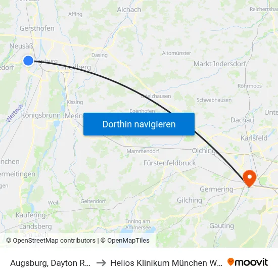Augsburg, Dayton Ring to Helios Klinikum München West map