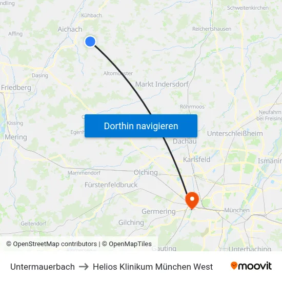 Untermauerbach to Helios Klinikum München West map