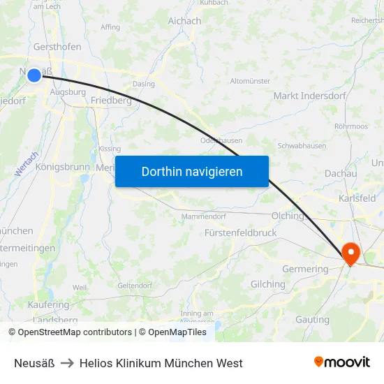 Neusäß to Helios Klinikum München West map