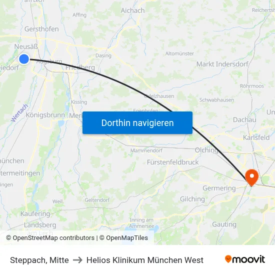 Steppach, Mitte to Helios Klinikum München West map
