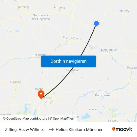 Zifling, Abzw Willmering to Helios Klinikum München West map