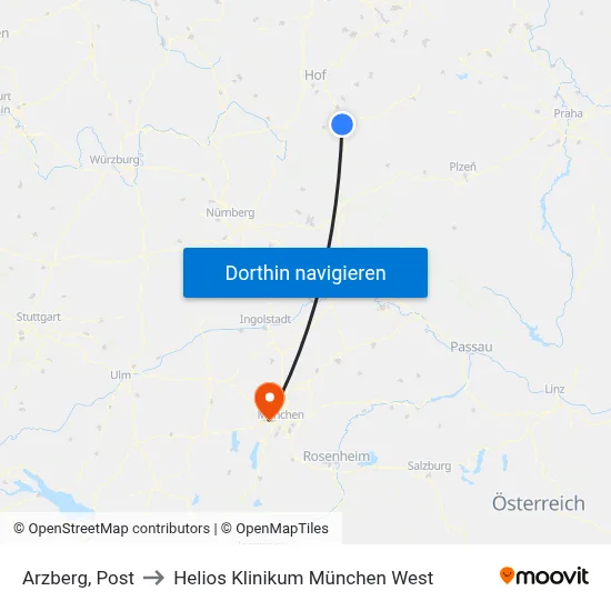 Arzberg, Post to Helios Klinikum München West map