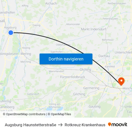 Augsburg Haunstetterstraße to Rotkreuz-Krankenhaus map