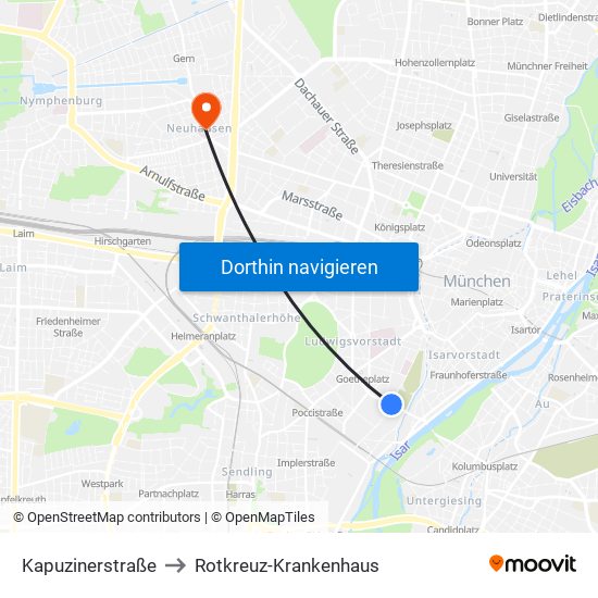 Kapuzinerstraße to Rotkreuz-Krankenhaus map