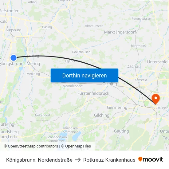 Königsbrunn, Nordendstraße to Rotkreuz-Krankenhaus map
