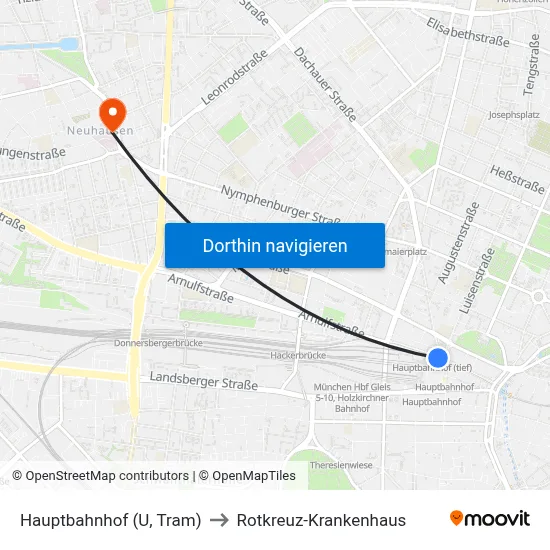 Hauptbahnhof (U, Tram) to Rotkreuz-Krankenhaus map