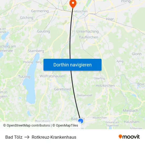 Bad Tölz to Rotkreuz-Krankenhaus map