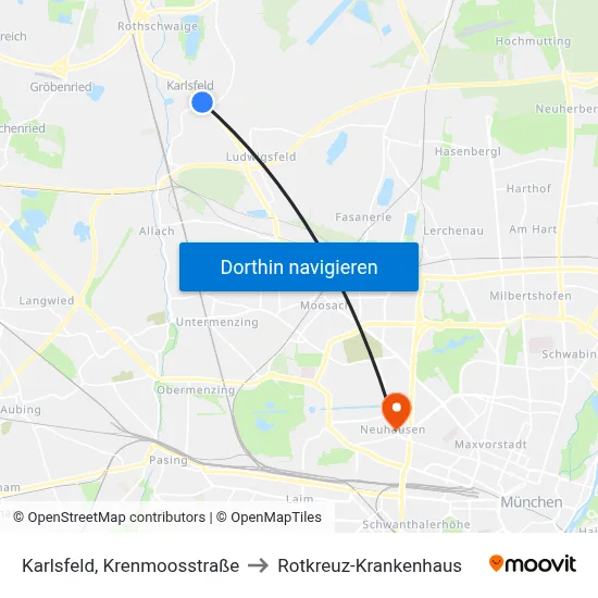 Karlsfeld, Krenmoosstraße to Rotkreuz-Krankenhaus map