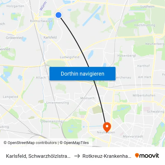 Karlsfeld, Schwarzhölzlstraße to Rotkreuz-Krankenhaus map