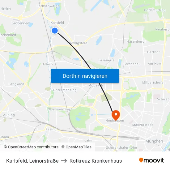 Karlsfeld, Leinorstraße to Rotkreuz-Krankenhaus map