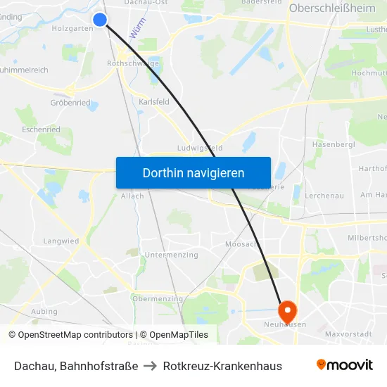 Dachau, Bahnhofstraße to Rotkreuz-Krankenhaus map
