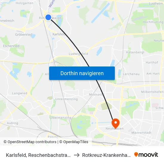Karlsfeld, Reschenbachstraße to Rotkreuz-Krankenhaus map