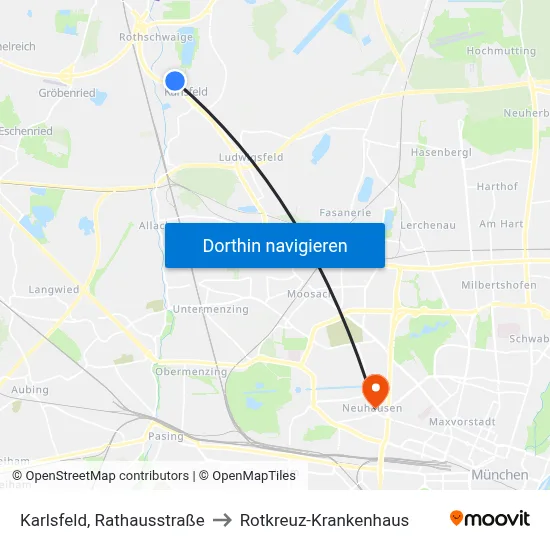 Karlsfeld, Rathausstraße to Rotkreuz-Krankenhaus map