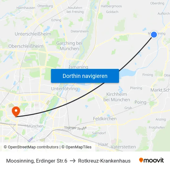Moosinning, Erdinger Str.6 to Rotkreuz-Krankenhaus map