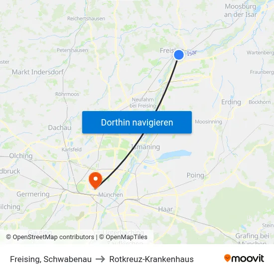 Freising, Schwabenau to Rotkreuz-Krankenhaus map