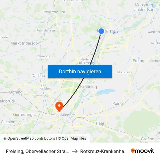 Freising, Obervellacher Straße to Rotkreuz-Krankenhaus map