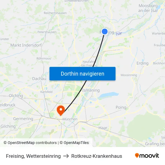 Freising, Wettersteinring to Rotkreuz-Krankenhaus map