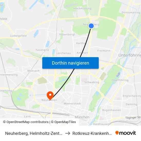Neuherberg, Helmholtz-Zentrum to Rotkreuz-Krankenhaus map