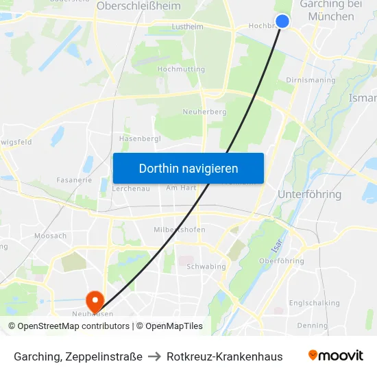 Garching, Zeppelinstraße to Rotkreuz-Krankenhaus map