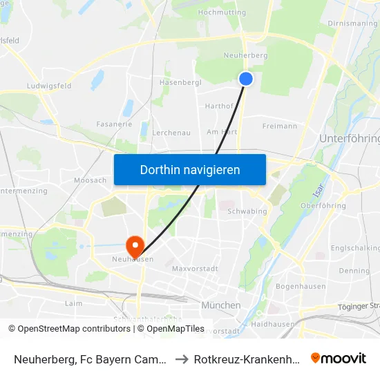 Neuherberg, Fc Bayern Campus to Rotkreuz-Krankenhaus map