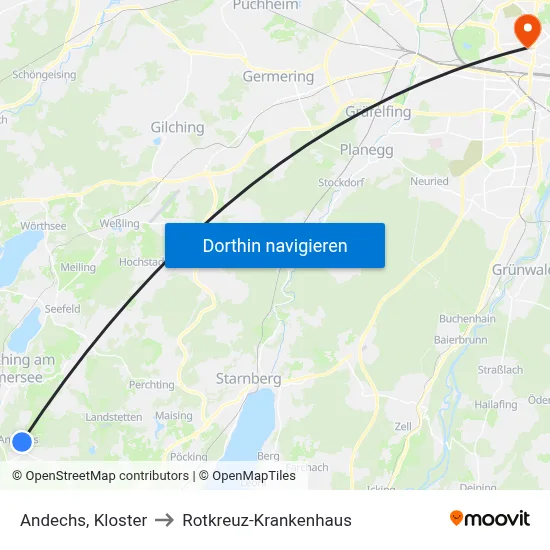 Andechs, Kloster to Rotkreuz-Krankenhaus map