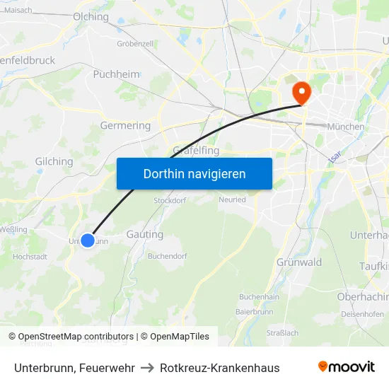 Unterbrunn, Feuerwehr to Rotkreuz-Krankenhaus map
